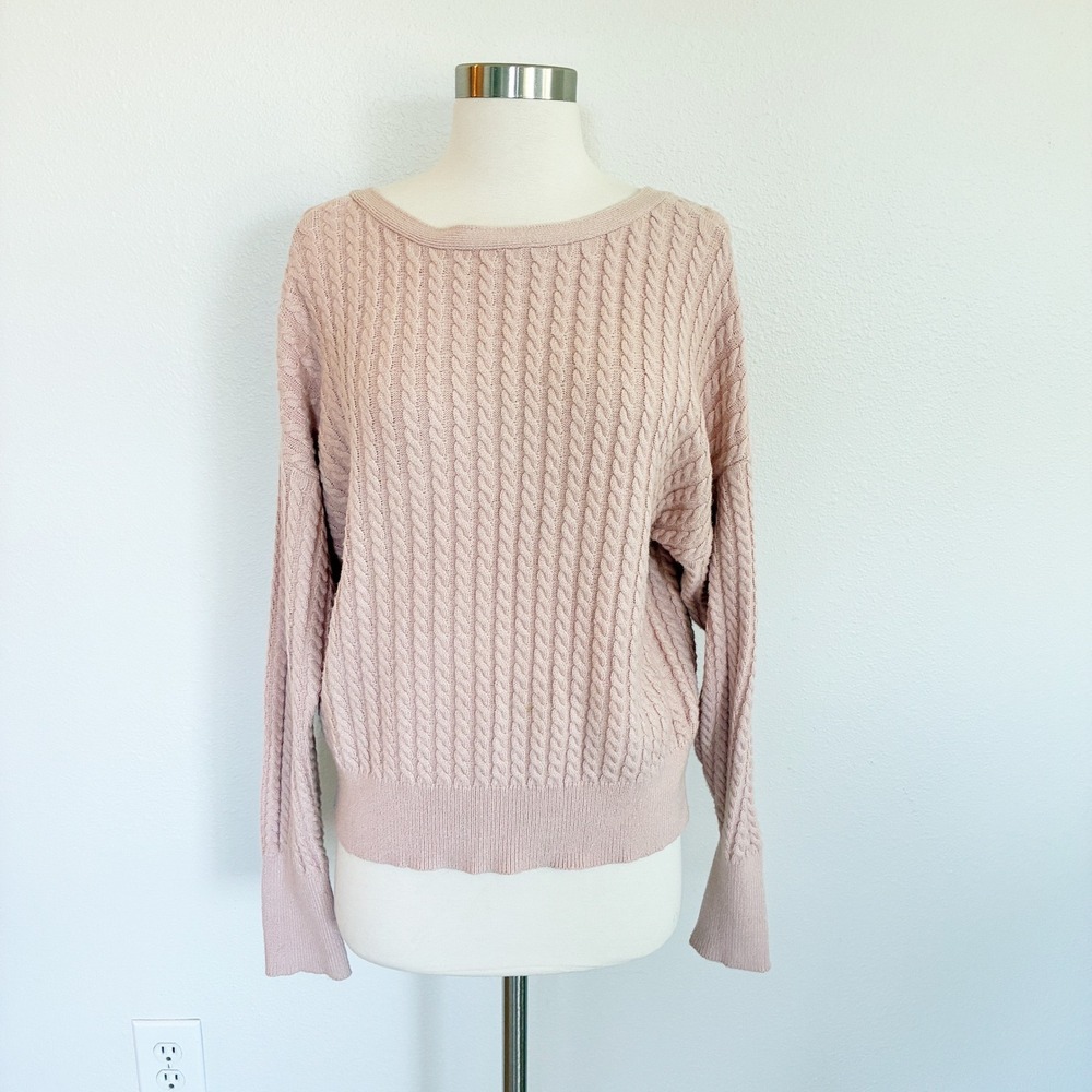 Willow & Root Cable Knit Sweater Womens M Pink Sheer Bow Tie Back Balletcore